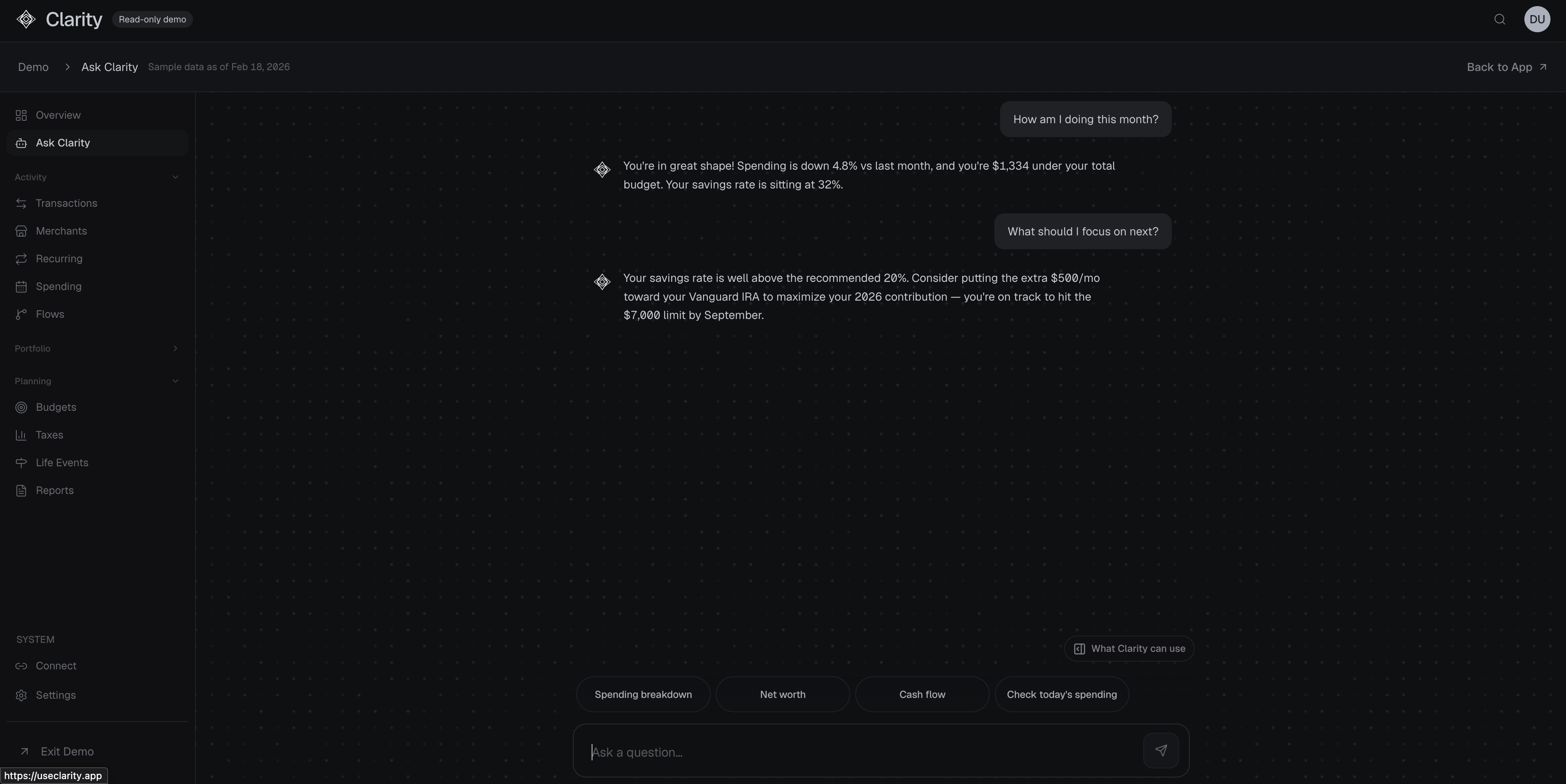 Clarity overview dashboard