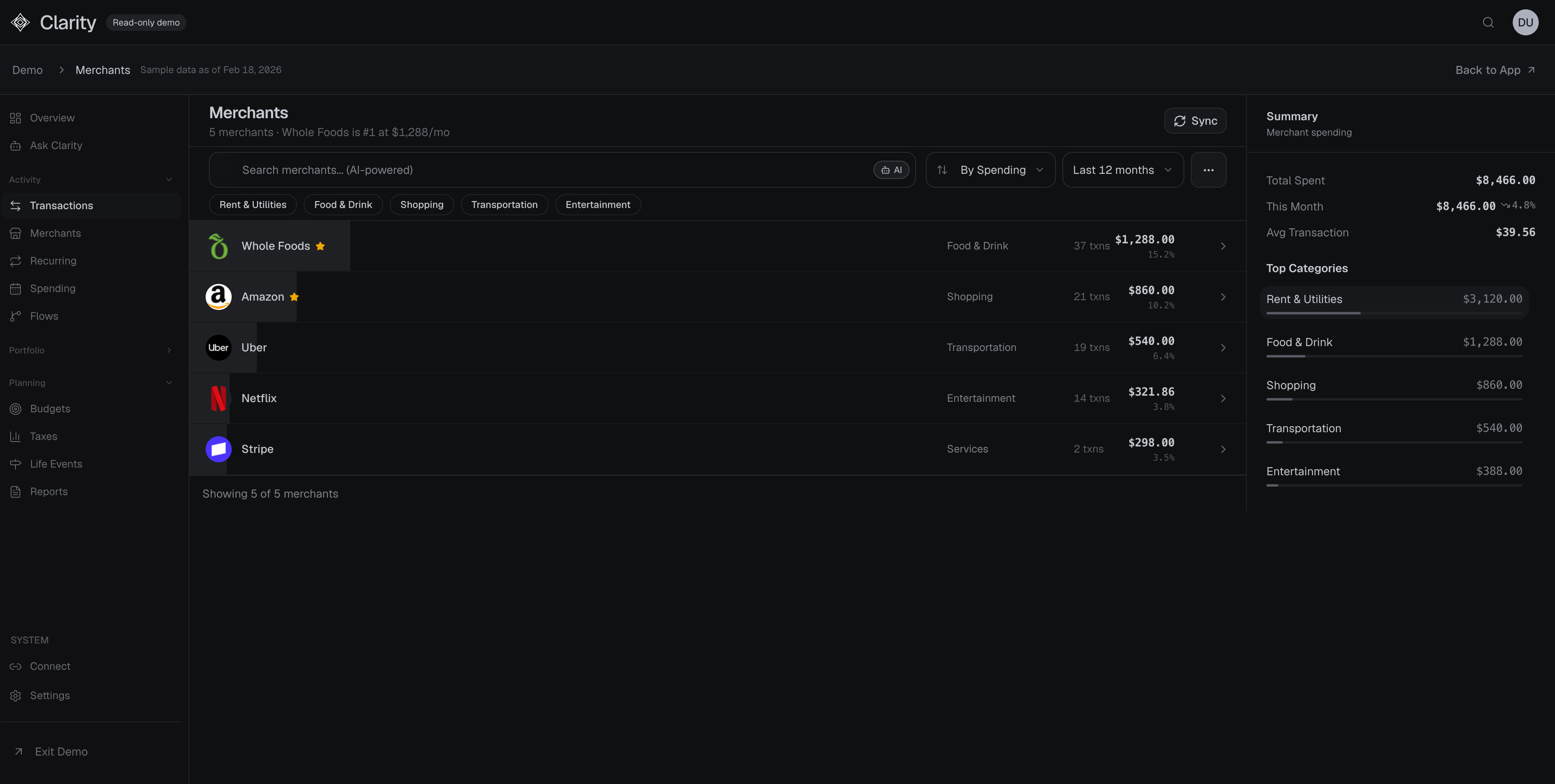 Clarity connected accounts view
