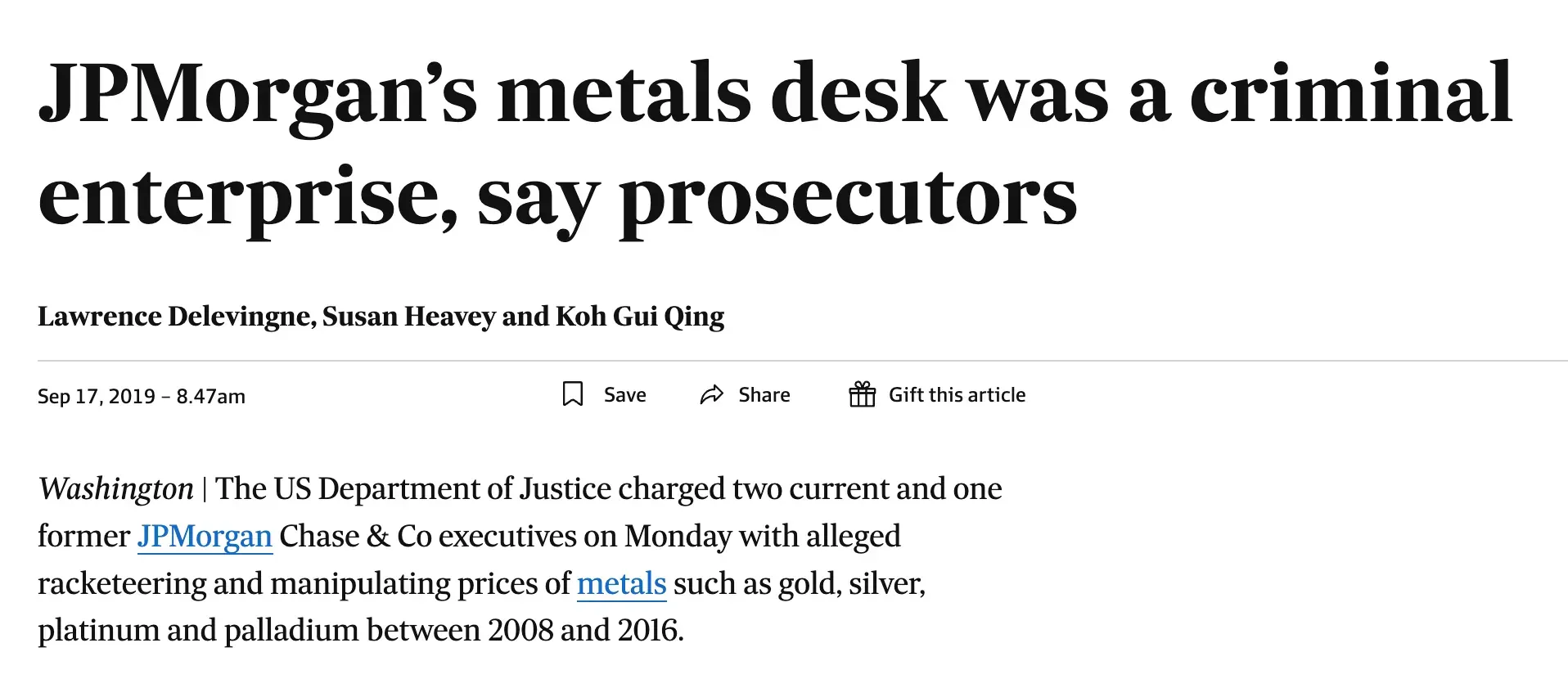 News headline about JPMorgan Chase gold market manipulation fine